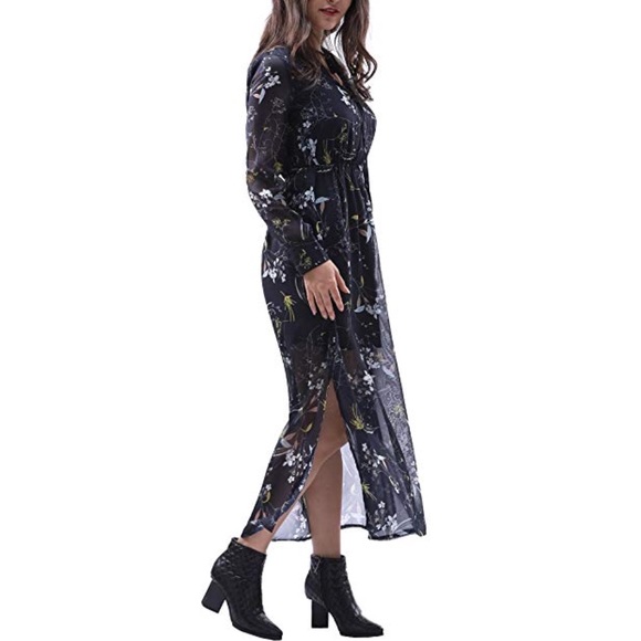 Boho Vibes Long Sleeve Side Slit Floral Dress - Picture 2 of 6